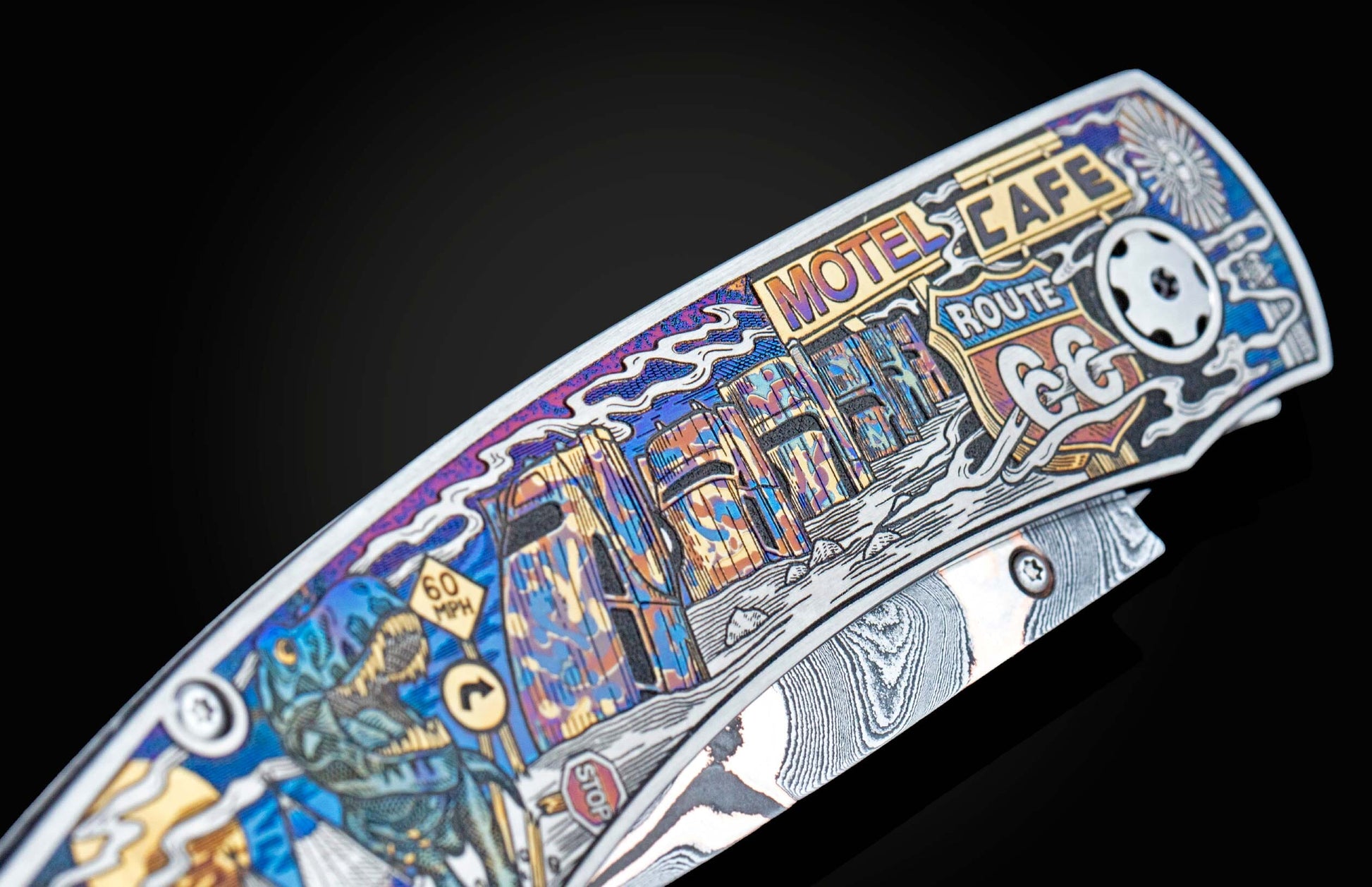 Handcrafted William Henry knife featuring color laser engraving of a classic American street scene by Bottega Incisioni