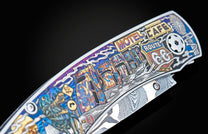 Handcrafted William Henry knife featuring color laser engraving of a classic American street scene by Bottega Incisioni
