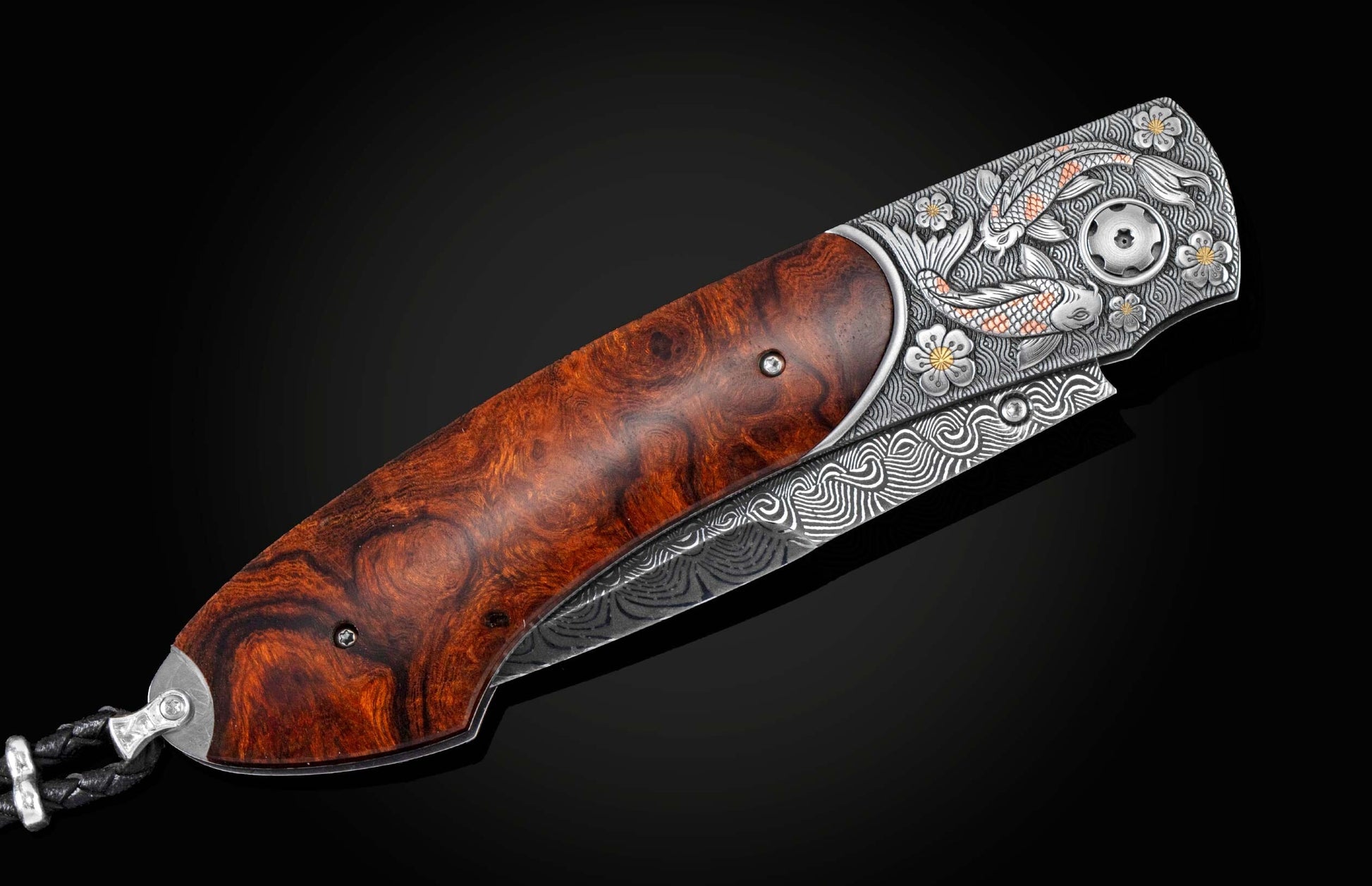  smoky quartz gemstones. and a hand forged Damascus steel blade.