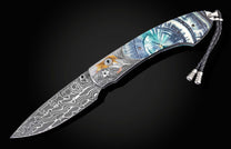  inlaid with fossil Woolly Mammoth tusk and a  hand-forged damascus steel blade by Chad Nichols
