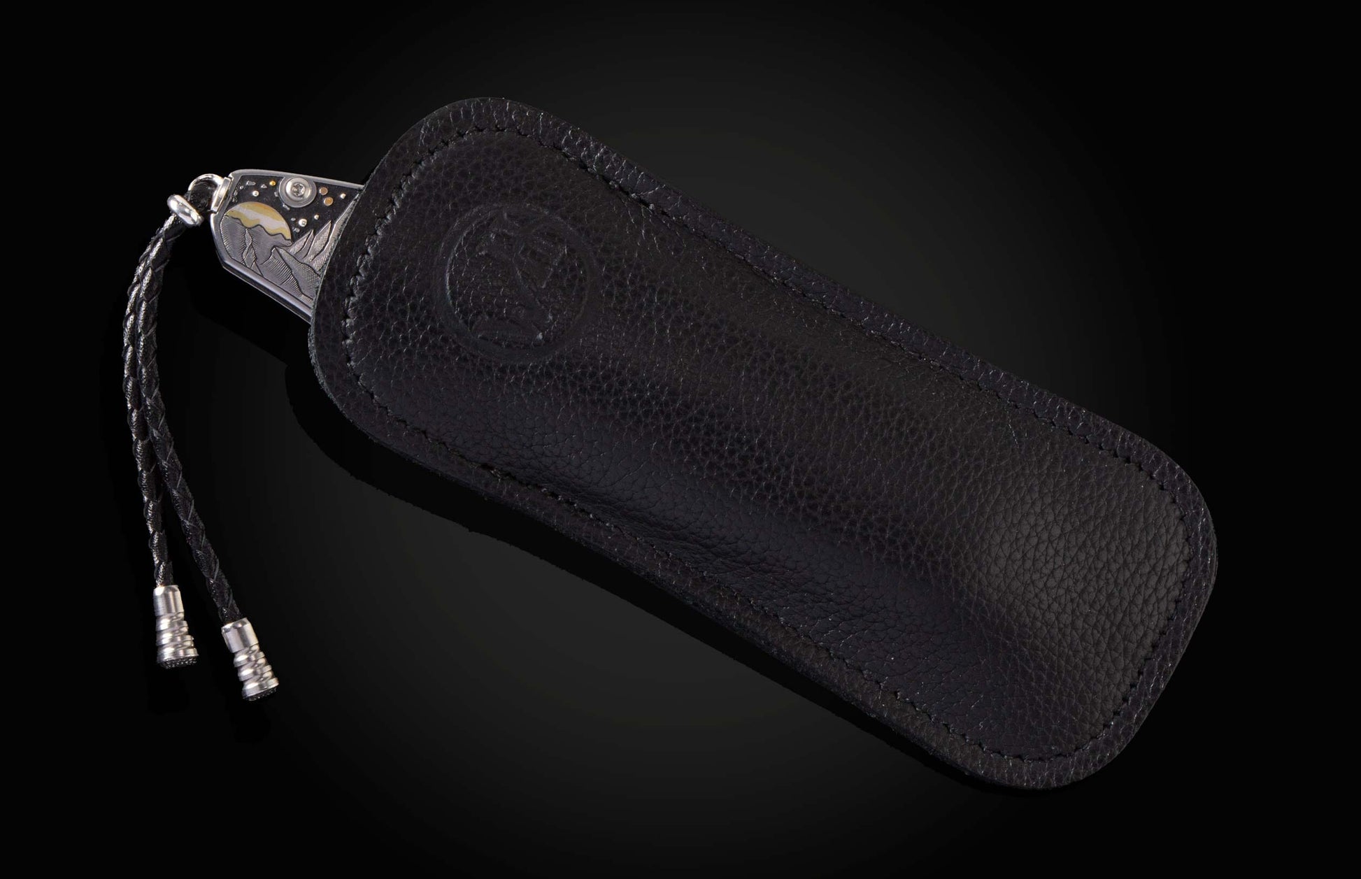 The Spearpoint 'Meteoric' Damascus Pocket Knife in a leather case