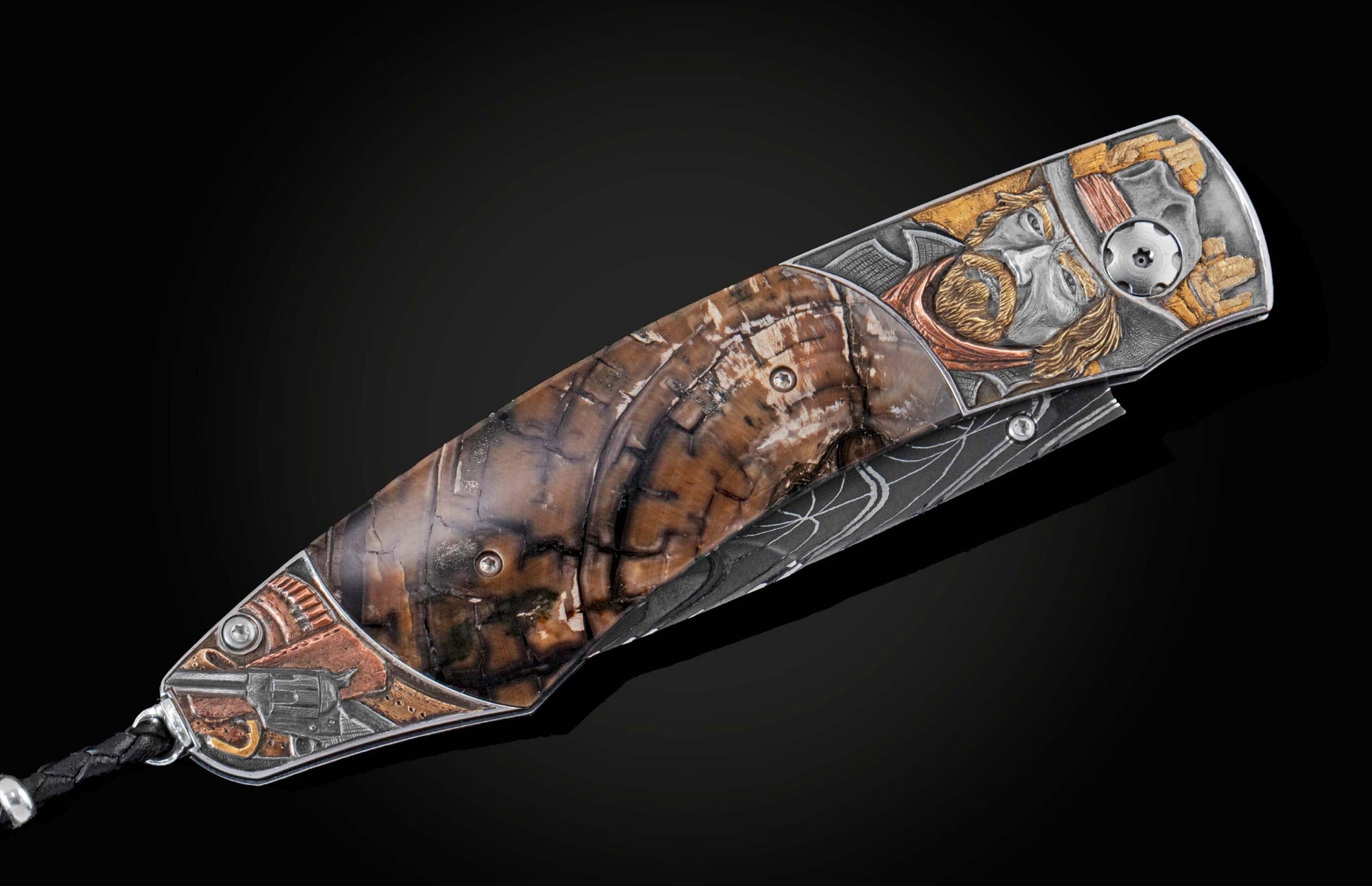  copper and tombac inlays. Scales inlaid with fossil Woolly Mammoth tusk. The blade is hand-forged Damascus steel and the button lock and thumb stud ar