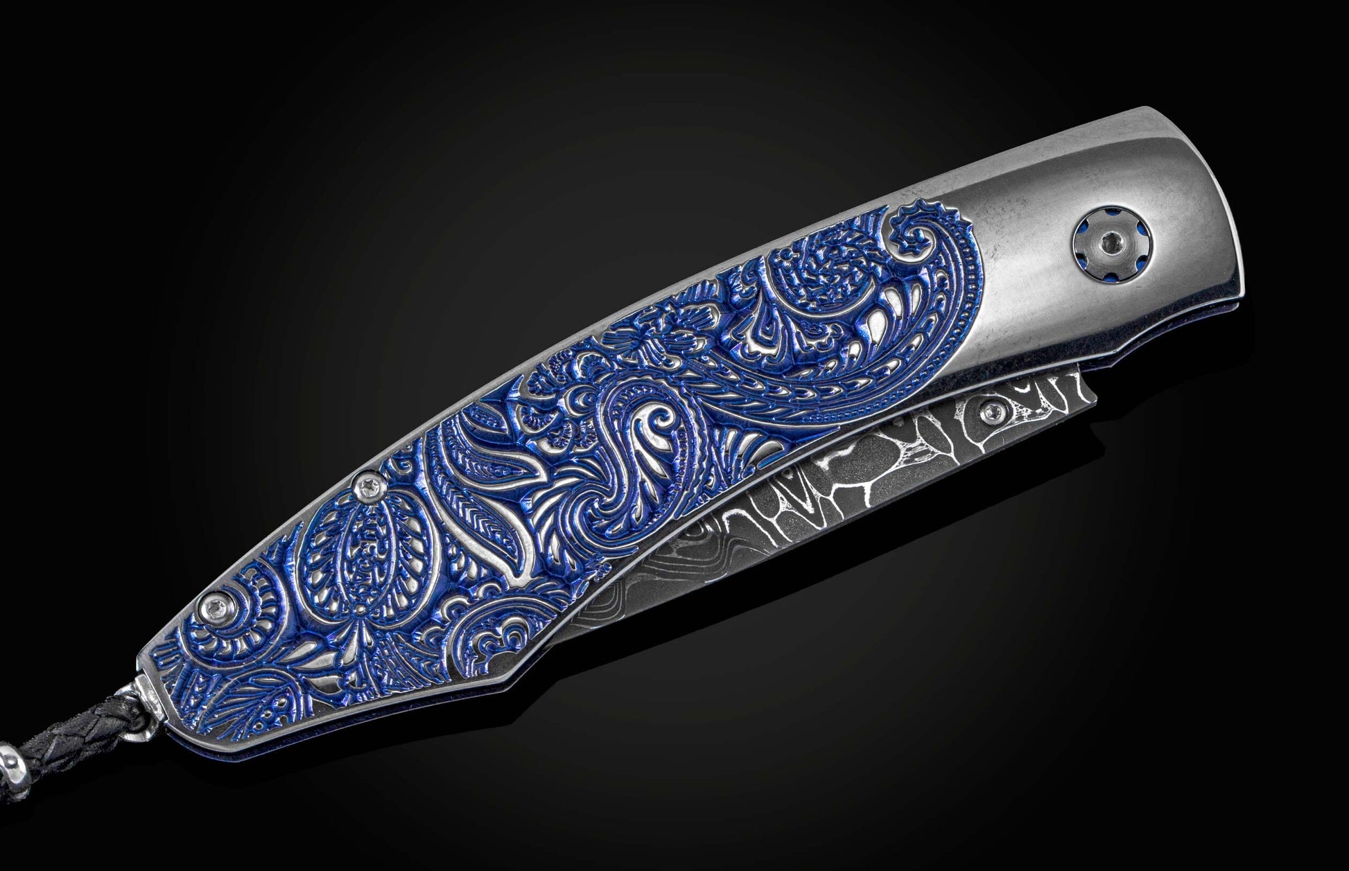 Handcrafted William Henry pocket knife featuring blue & silver anodized titanium handle with high detail micro machining