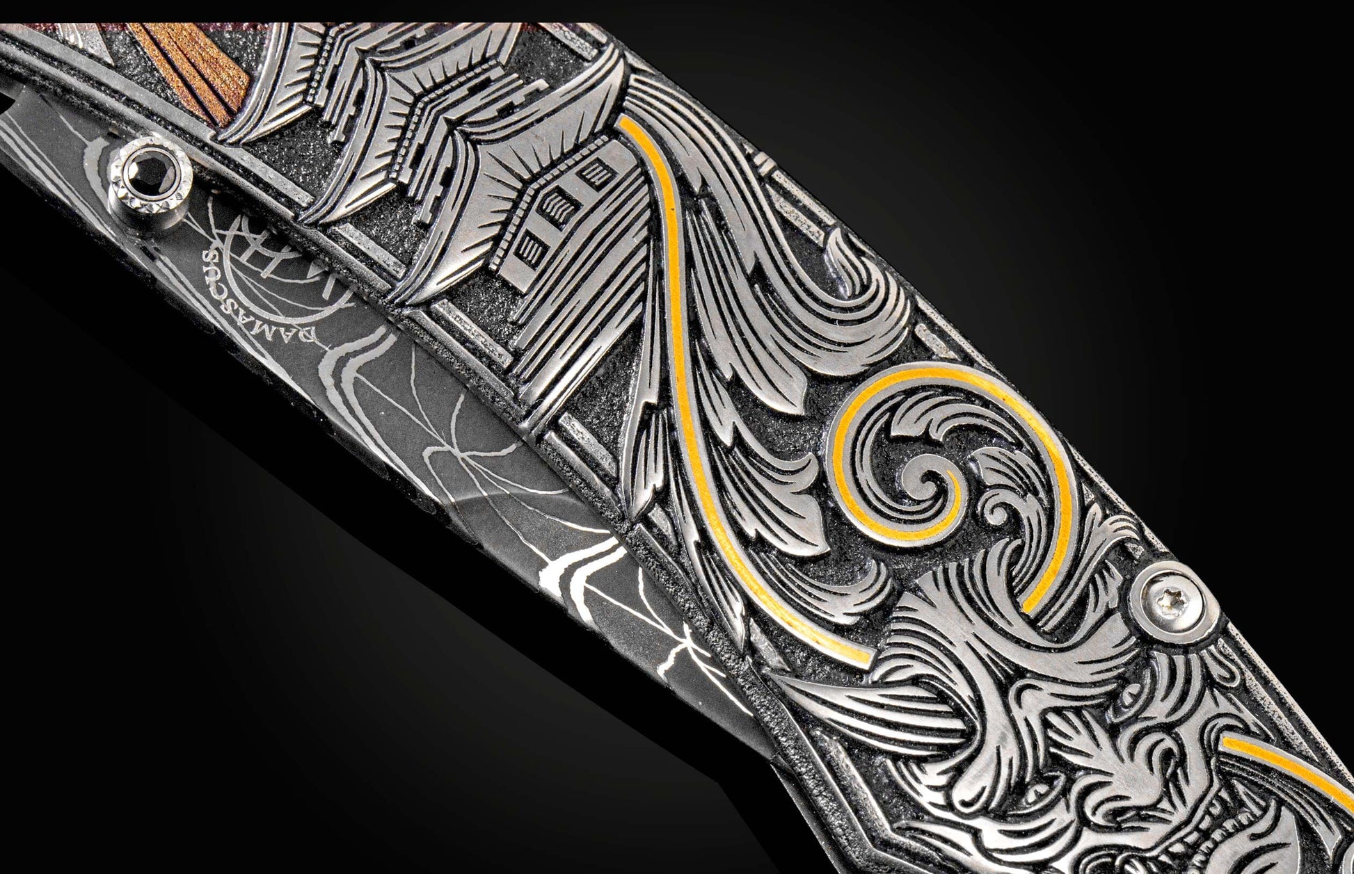 Handcrafted William Henry knife featuring hand and laser engraving work of Tyler Poor