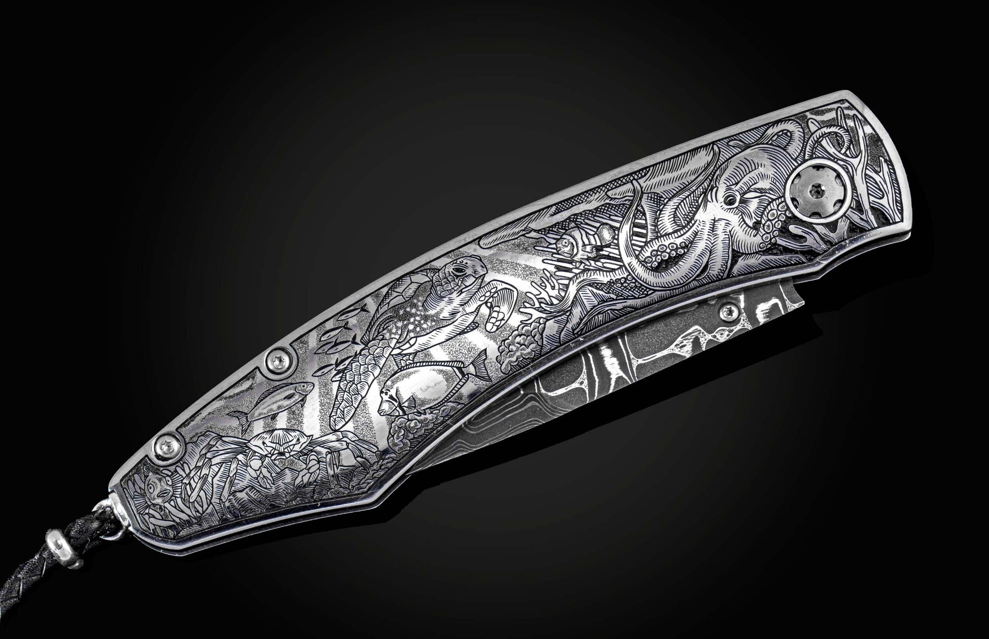 Handcrafted pocket knife from William Henry features a hand-engraved  stainless steel frame by Mick Butterworth
