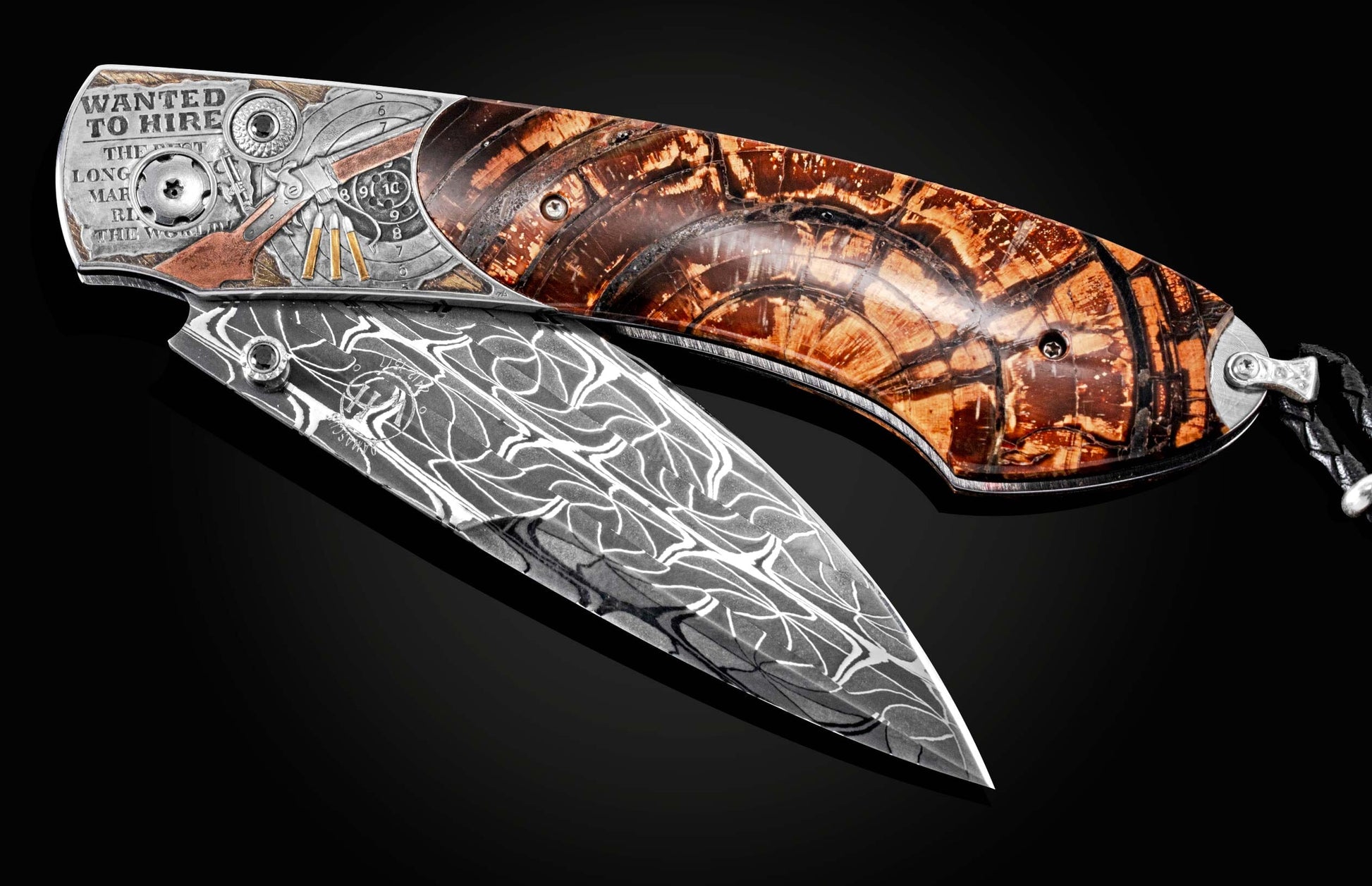 Handcrafted pocket knife from William Henry featuring hand-engraved images of Sharps rifle with copper, silver, brass and 24K gold, inlaid with fossil Woolly Mammoth tusk and set with black diamonds. The blade is hand-forged damascus steel.