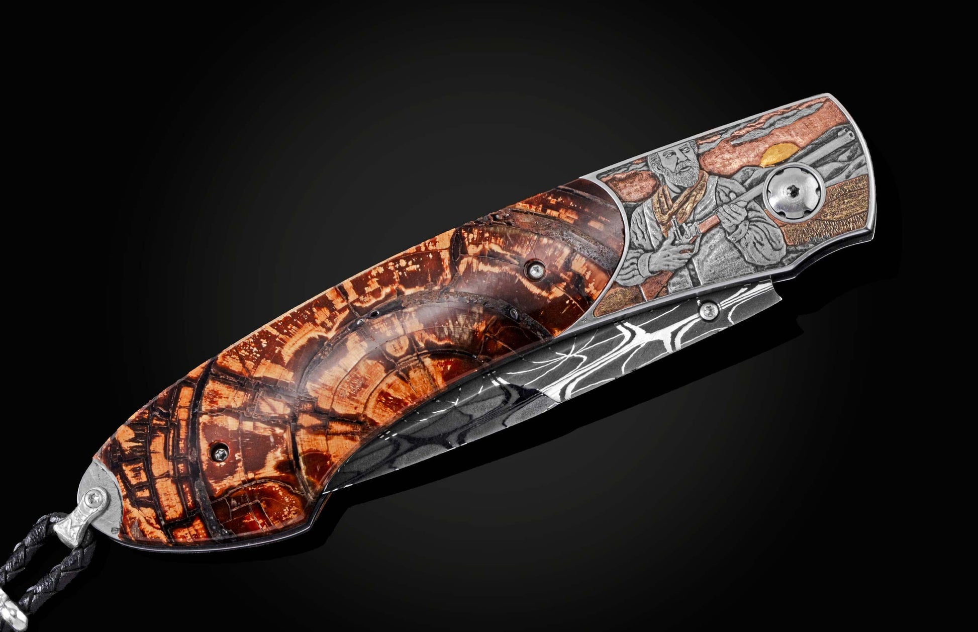  inlaid with fossil Woolly Mammoth tusk and set with black diamonds. The blade is hand-forged damascus steel.