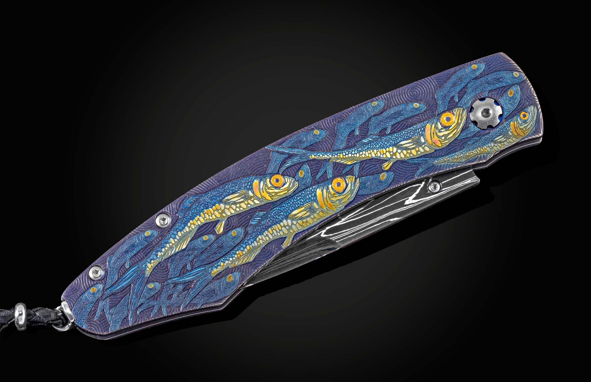 Handcrafted William Henry knife with hand and laser engraved fish with 24K gold inlay by Tom Sterling