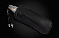 Engraved silver knife with gold horn detail, partially in a black textured leather sheath featuring an embossed logo and braided lanyard.