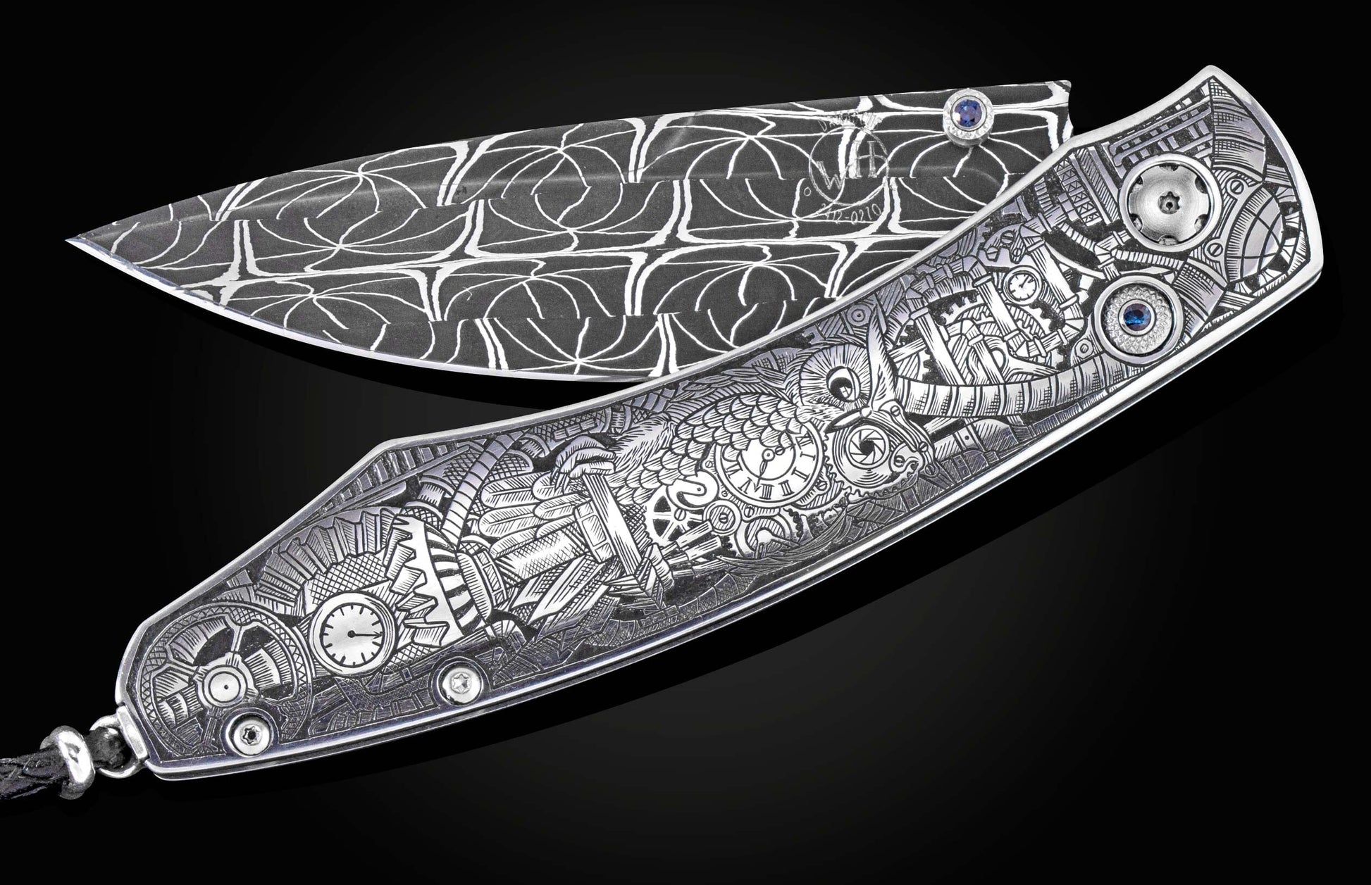 Silver-toned folding knife with a dark gray patterned blade and a steampunk-engraved handle featuring gears, clocks, an owl-like creature, and blue sapphire accents.