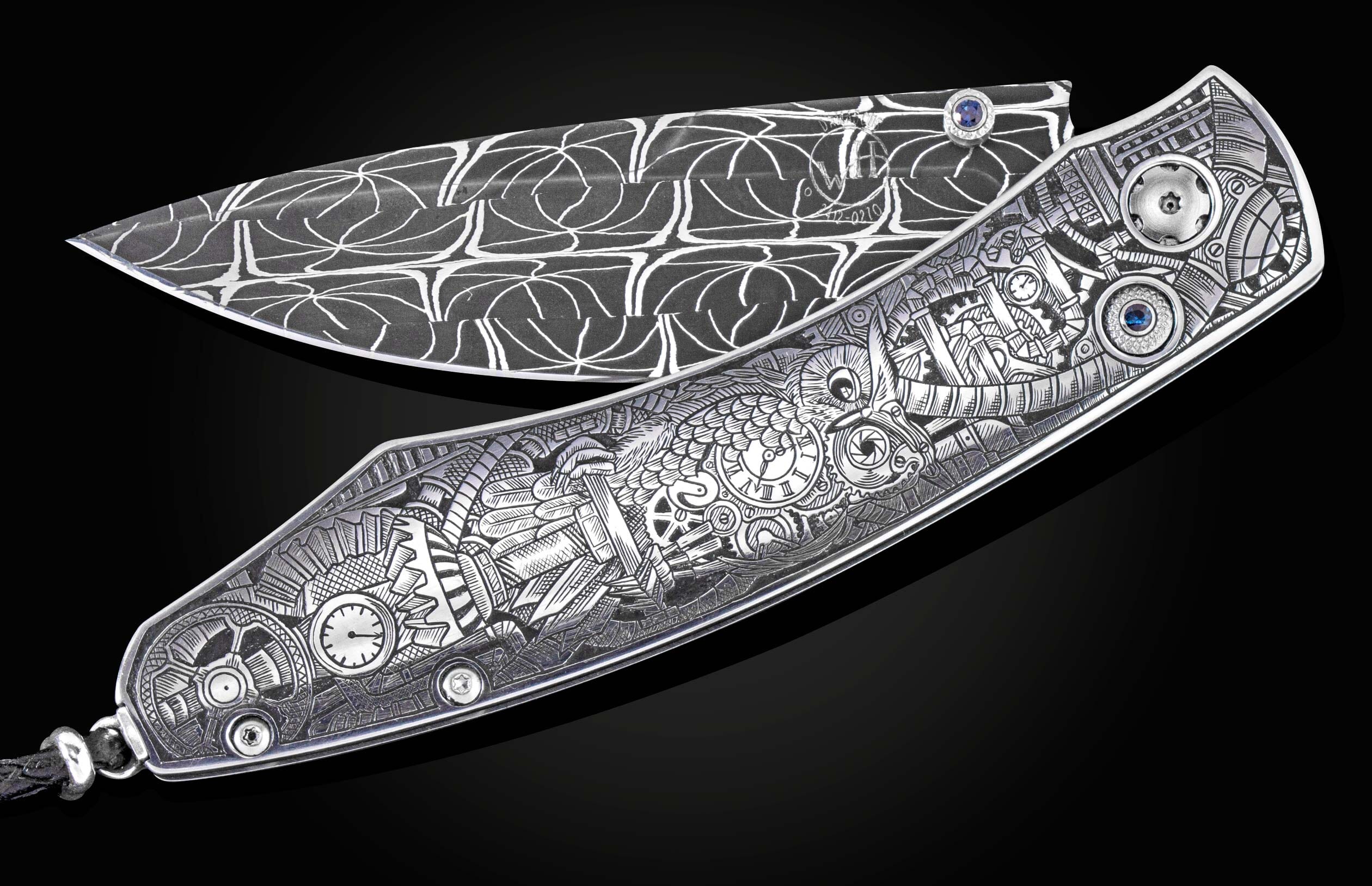 Silver-toned folding knife with a dark gray patterned blade and a steampunk-engraved handle featuring gears, clocks, an owl-like creature, and blue sapphire accents.