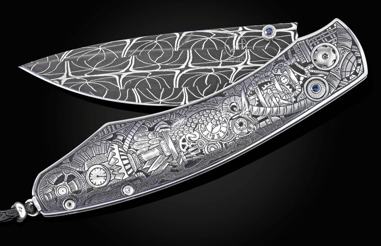 Silver-toned folding knife with a dark gray patterned blade and a steampunk-engraved handle featuring gears, clocks, an owl-like creature, and blue sapphire accents.