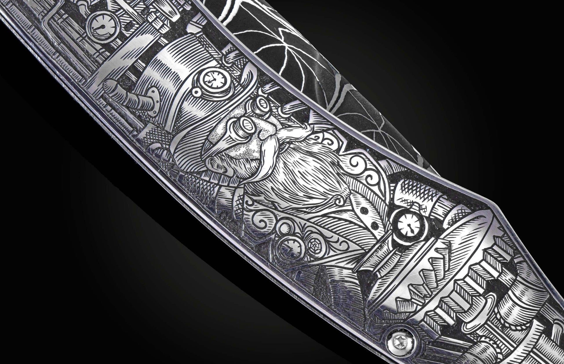 Silver-toned Steampunk knife with intricate engravings of gears, clocks, pipes, and a goggled bearded face, close-up.