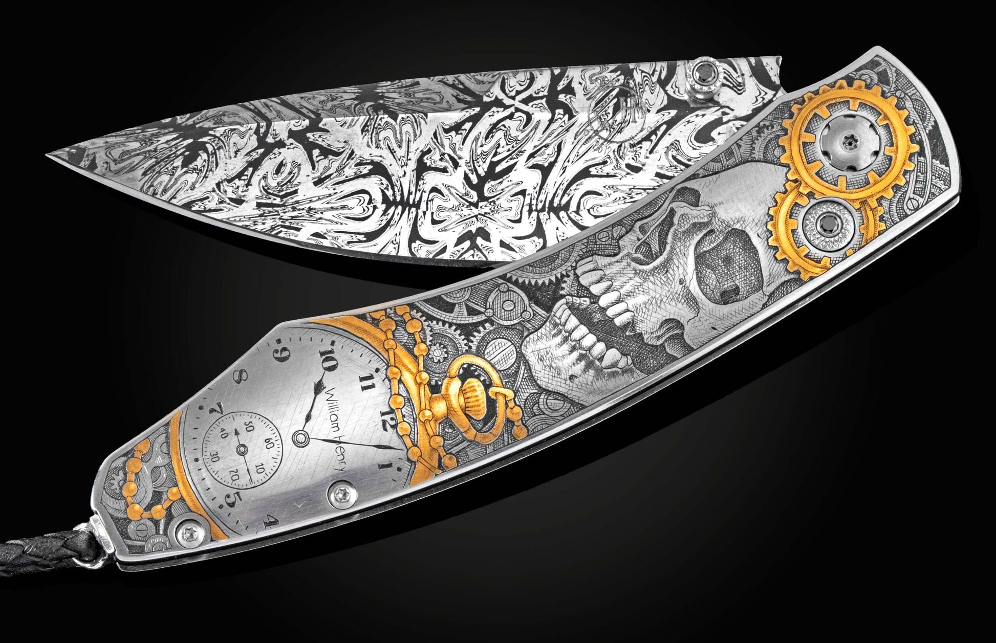 Custom William Henry knife withhand-engraved skulls & watches in 24K gold inlays by Gabe Keeling, black diamonds, and a hand-forged damascus steel blade by Luke Mattern