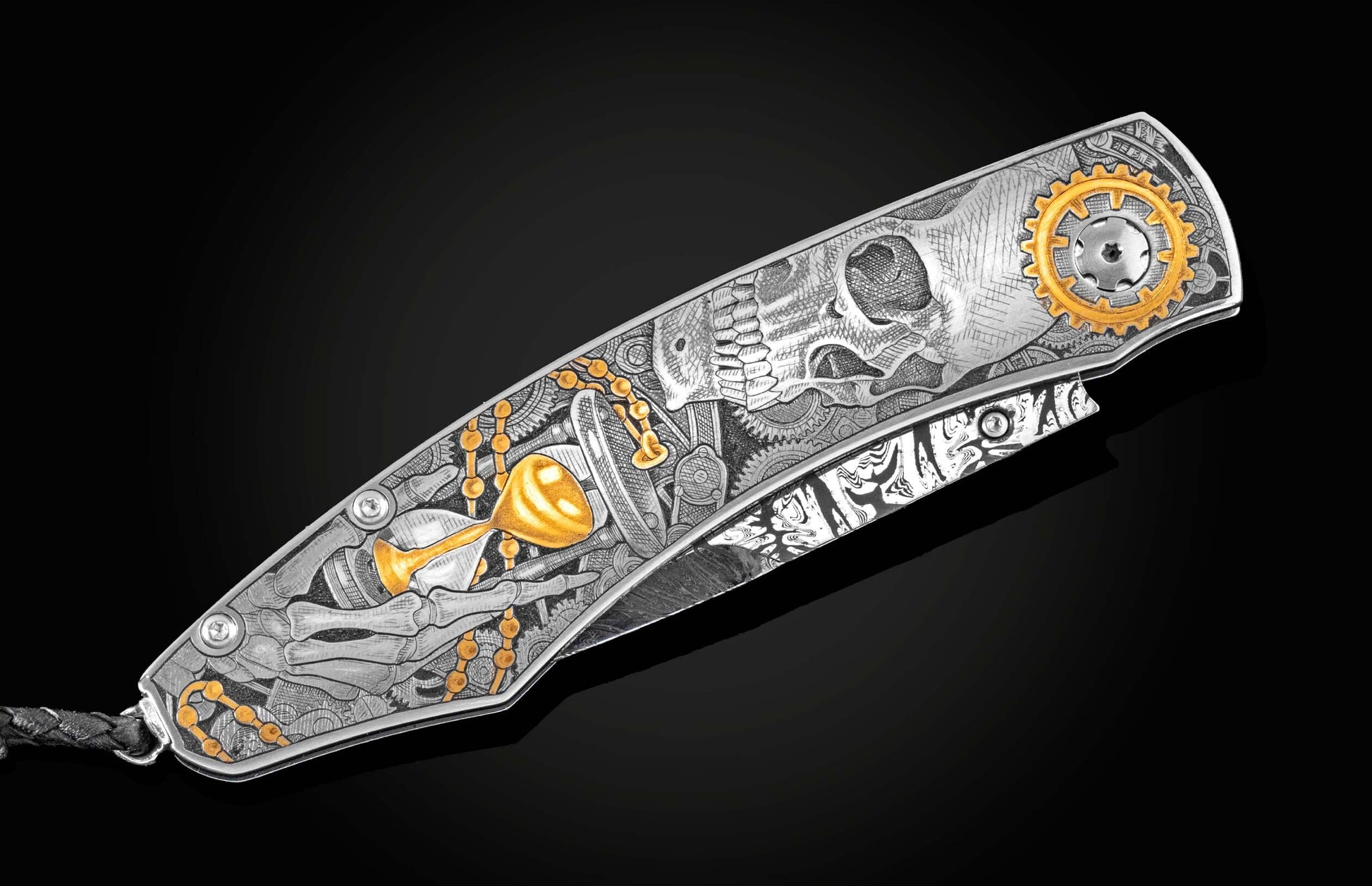 Custom William Henry knife withhand-engraved skulls & watches in 24K gold inlays by Gabe Keeling