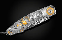 Custom William Henry knife withhand-engraved skulls & watches in 24K gold inlays by Gabe Keeling