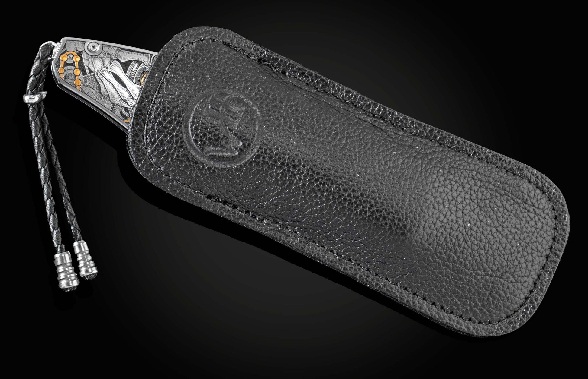 Custom William Henry knife withhand-engraved skulls & watches in 24K gold inlays by Gabe Keeling