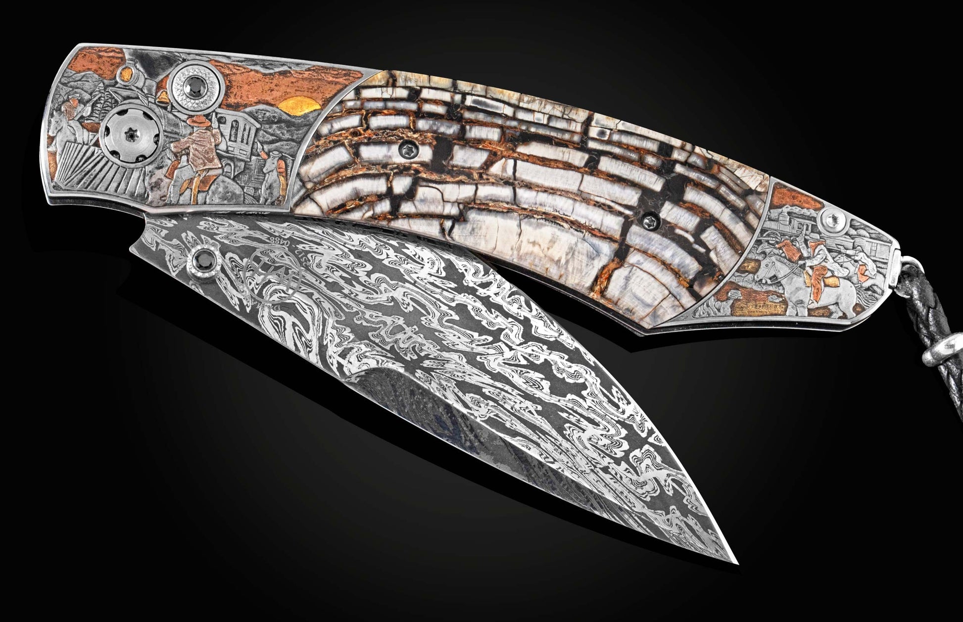 Handcrafted William Henry knife with hand engraved frame depicting a train robbery in 24K gold, copper, brass, and silver inlays by Narimantis Palsis, fossil Woolly Mammoth tusk, spinel gemstones, and a hand-forged damascus steel blade by Luke Mattern