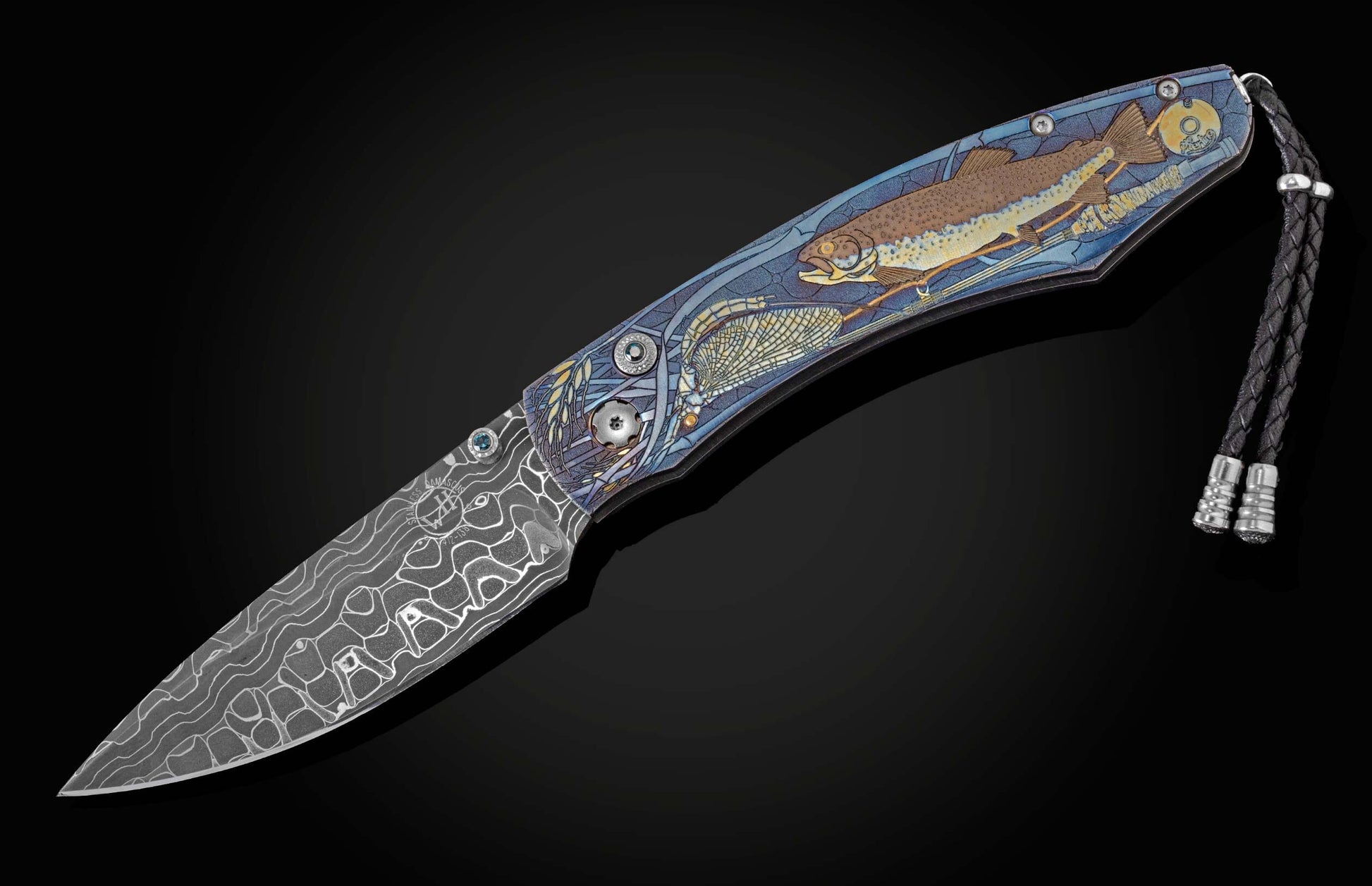  with inlaid 24K gold depicting a trout and fly fishing gear. The blade is hand-forged Damascus Steel and the button lock and the thumb stud are set 