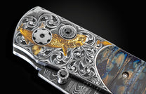  spinel gem stones and hand-forged damascus steel blade with Gibeon Meteorite by Chad Nichols