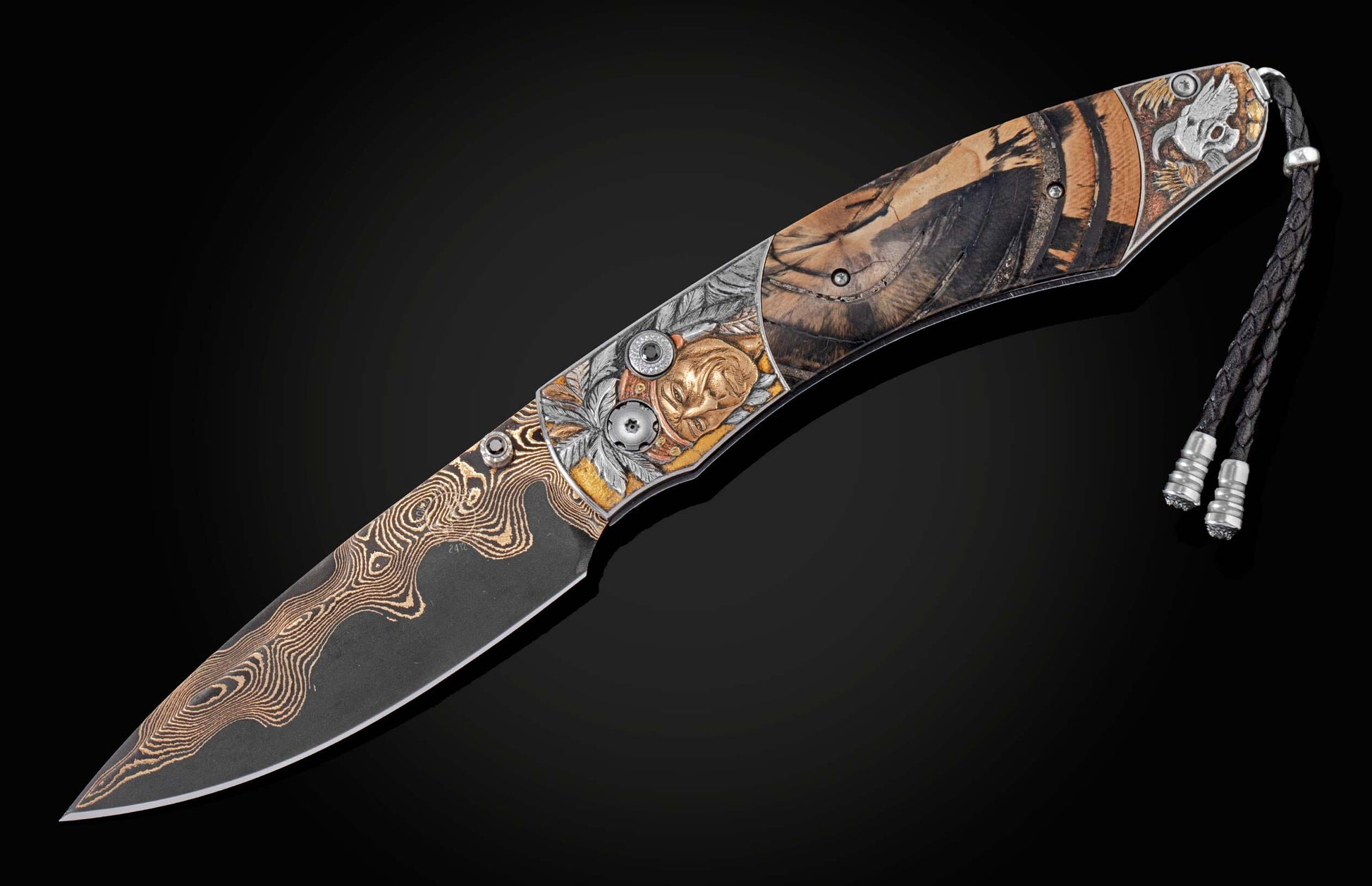  copper and tombac inlays with fossil Woolly Mammoth tusk. The blade is hand-forged Damascus steel with a striking black and copper pattern. The button 