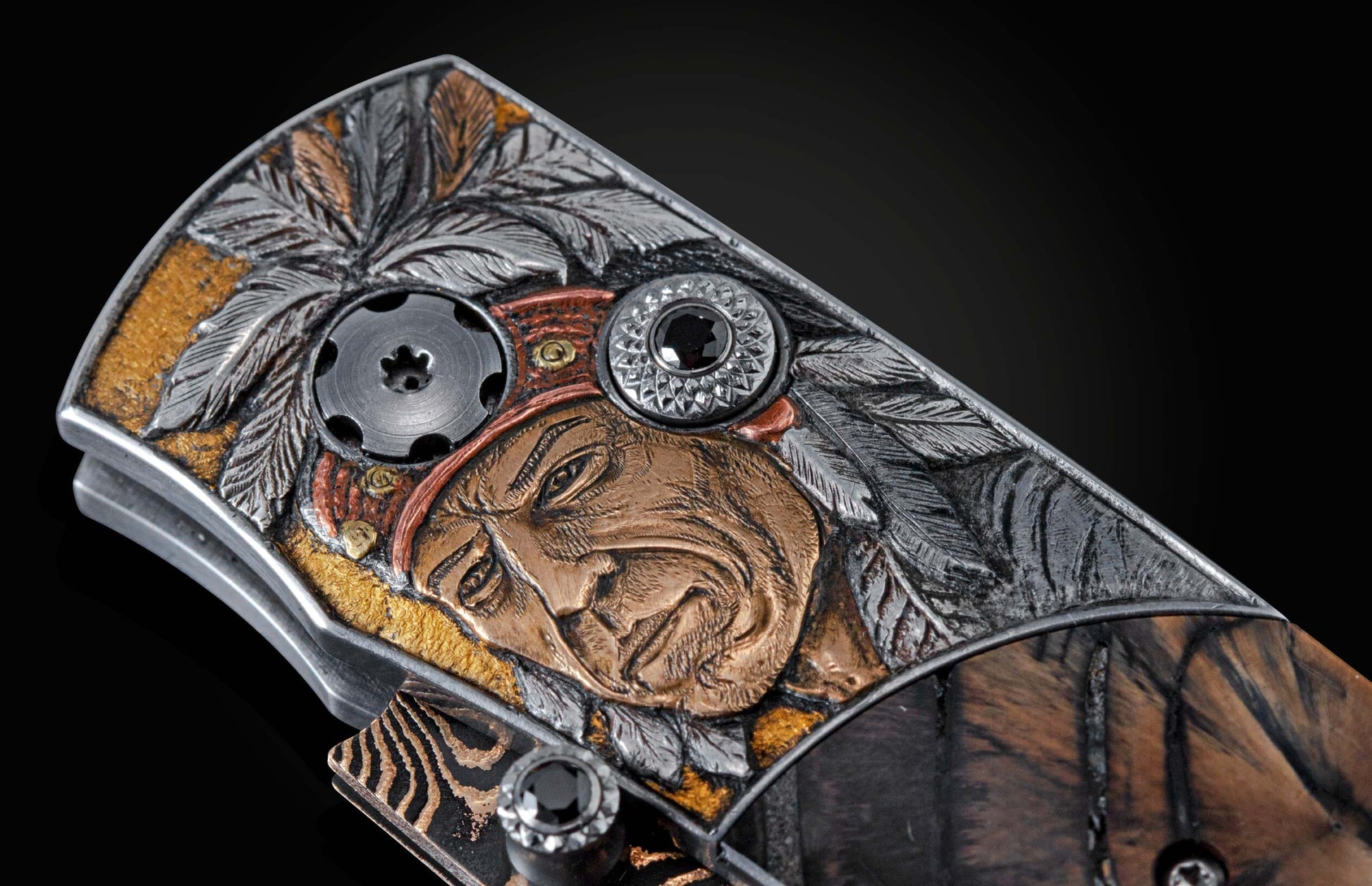  copper and tombac inlays with fossil Woolly Mammoth tusk. The blade is hand-forged Damascus steel with a striking black and copper pattern. The button 