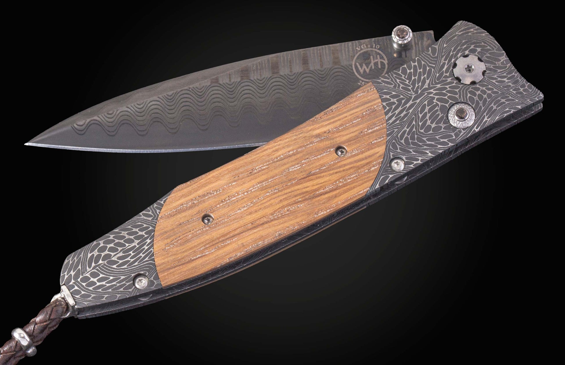 Custom William Henry knife with bolsters in hand-forged damascus by Chad Nichols, inlaid with wood from Pappy Van Winkle Bourbon, set with smoky quartz gemstones and a damascus steel blade