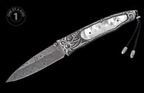 Ornate folding knife with a patterned Damascus steel blade, silver-toned handle featuring mother-of-pearl, purple gemstones, and a black leather lanyard.