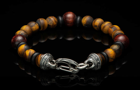Beaded bracelet with tiger's eye, red wood, and black matte beads, featuring an ornate silver clasp engraved with "William Henry".