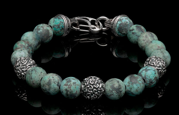 Verdigris Men's Beaded Bracelet with Sculpted Brain Coral