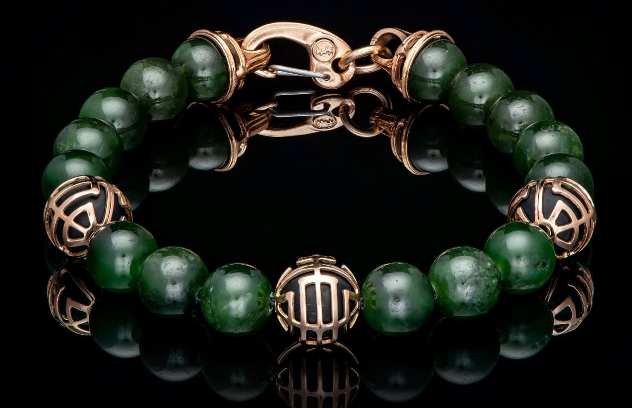 Product details for the Strength Mens Unique 18K Gold Onyx Jade Bracelet (BB29 J RG)