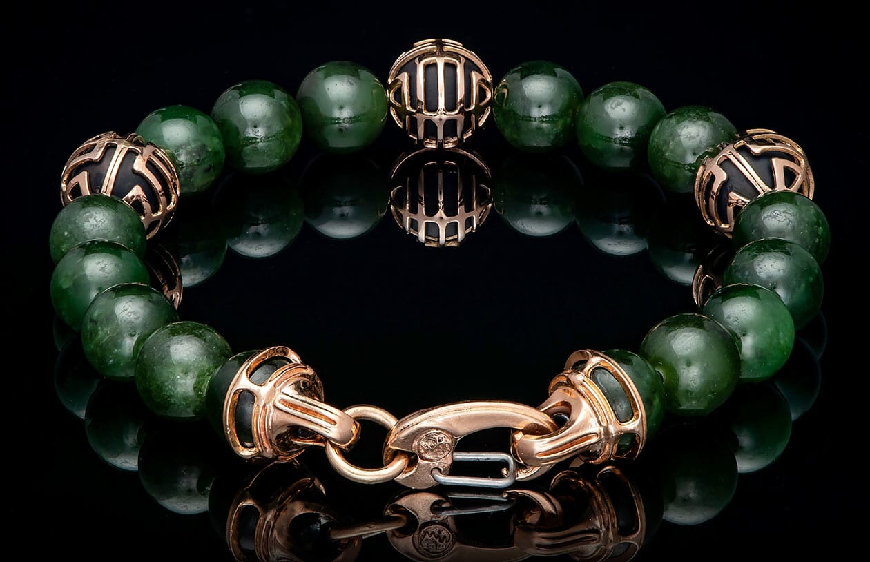 Product details for the Strength Mens Unique 18K Gold Onyx Jade Bracelet (BB29 J RG)