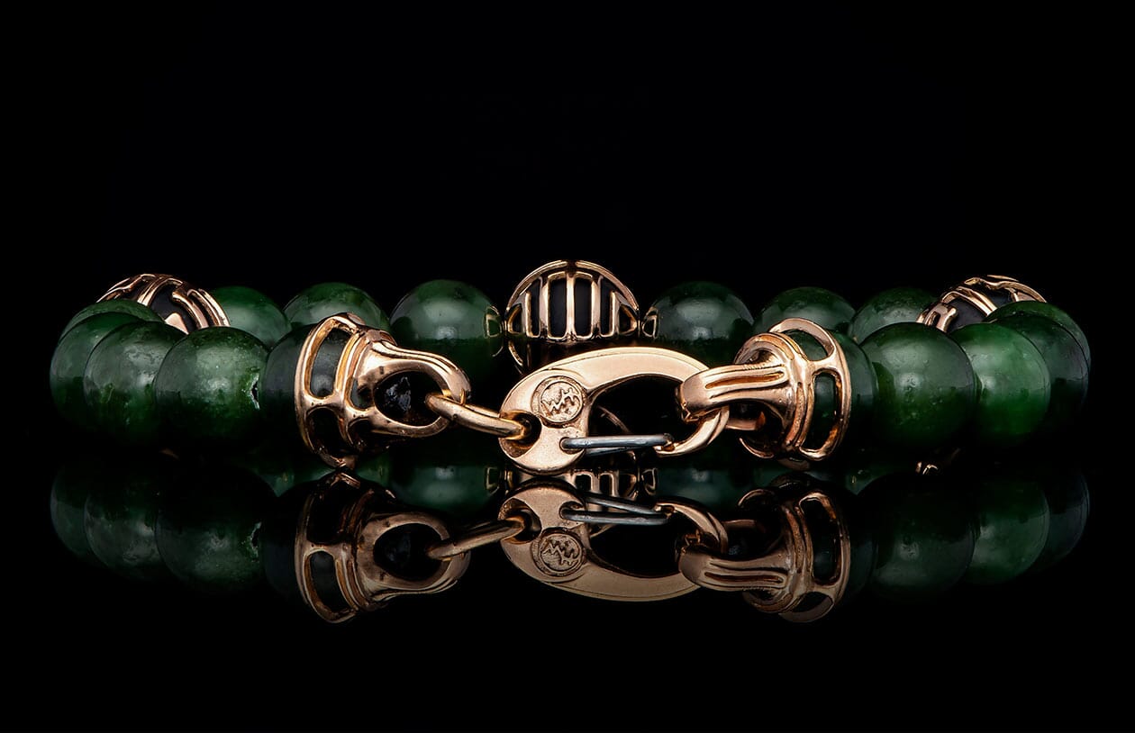 Product details for the Strength Mens Unique 18K Gold Onyx Jade Bracelet (BB29 J RG)