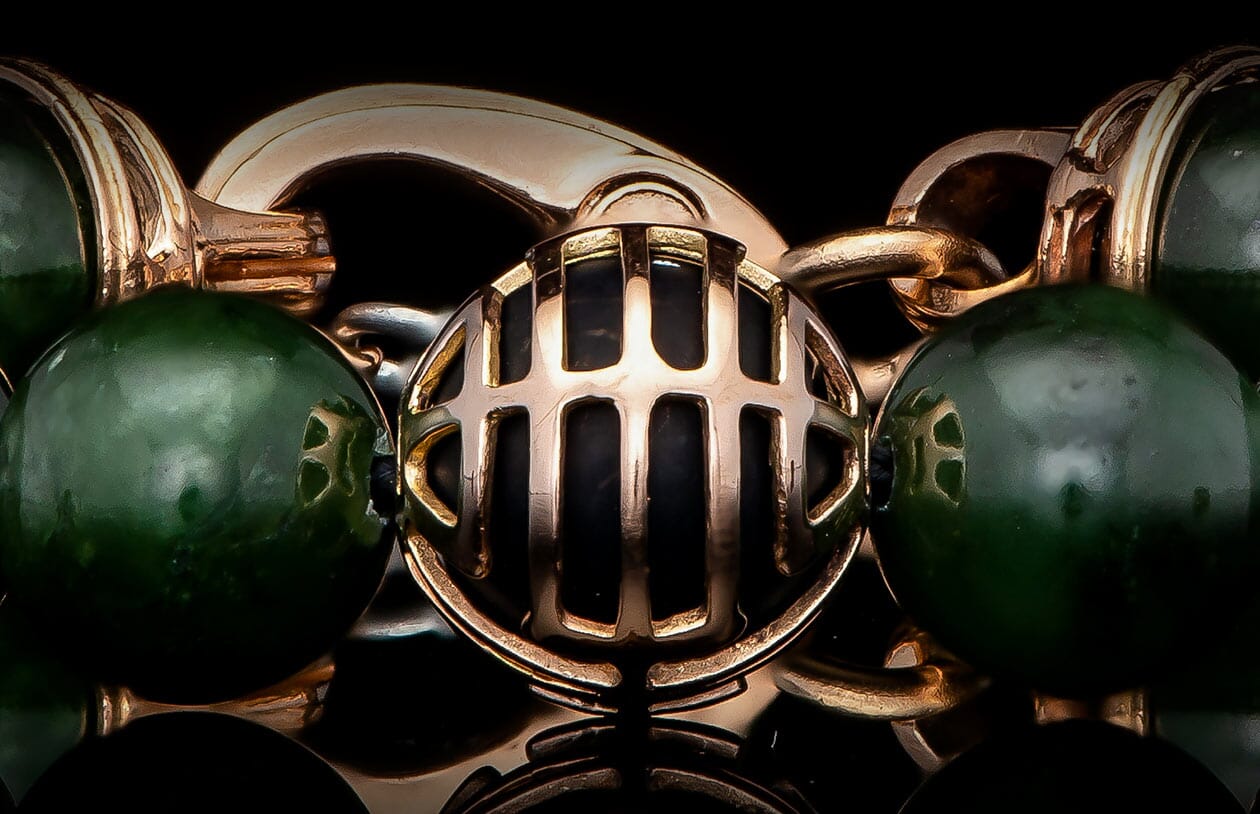 Product details for the Strength Mens Unique 18K Gold Onyx Jade Bracelet (BB29 J RG)