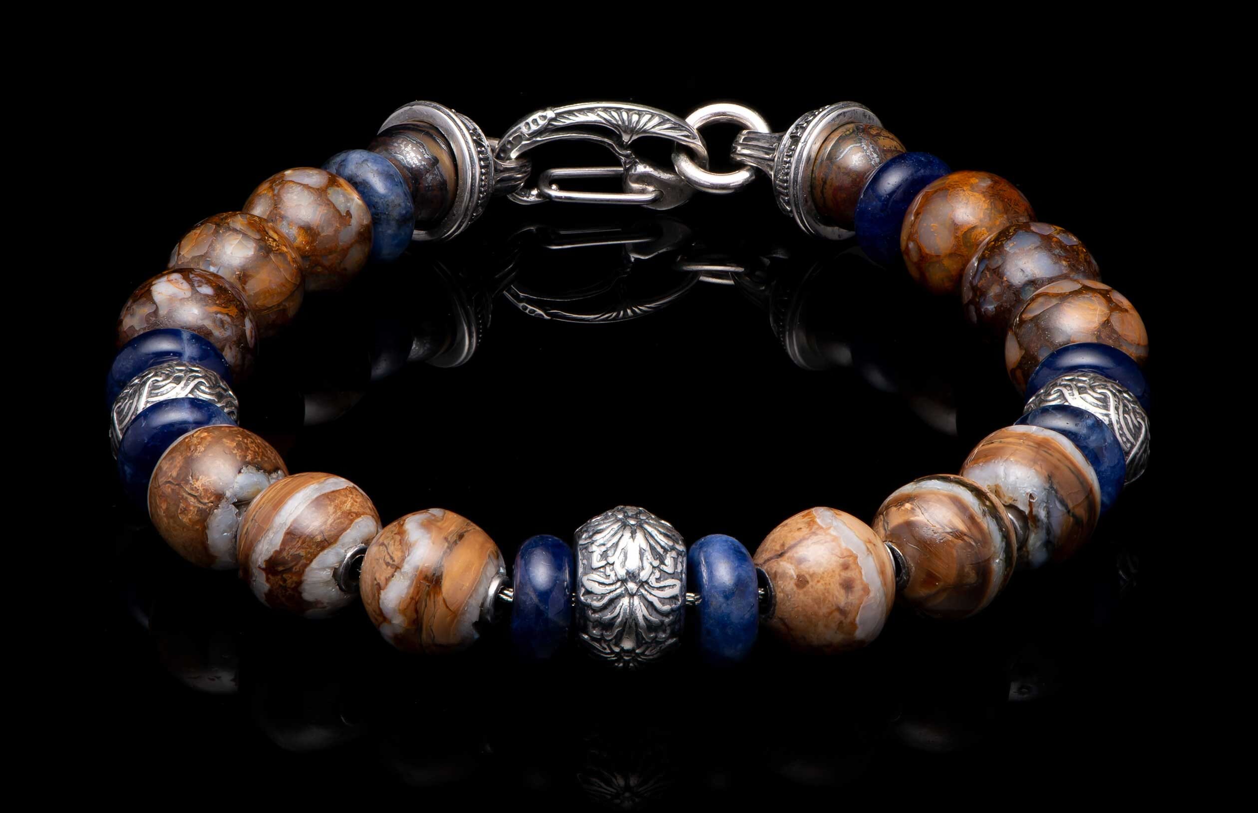 Sand and Sea (BB47 MT) Men's Sodalite Fossil Beaded Bracelet