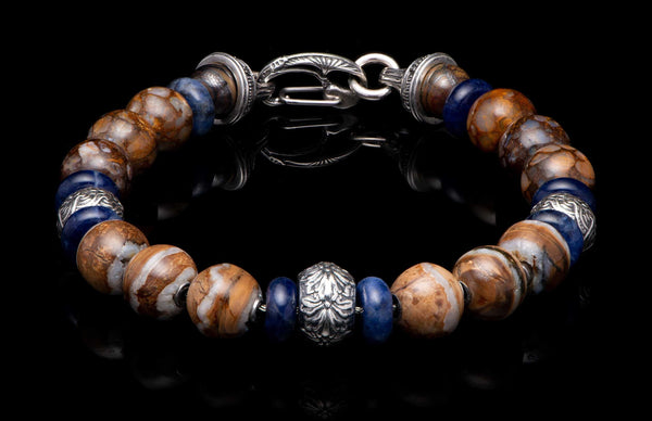 Sand and Sea (BB47 MT) Men's Sodalite Fossil Beaded Bracelet