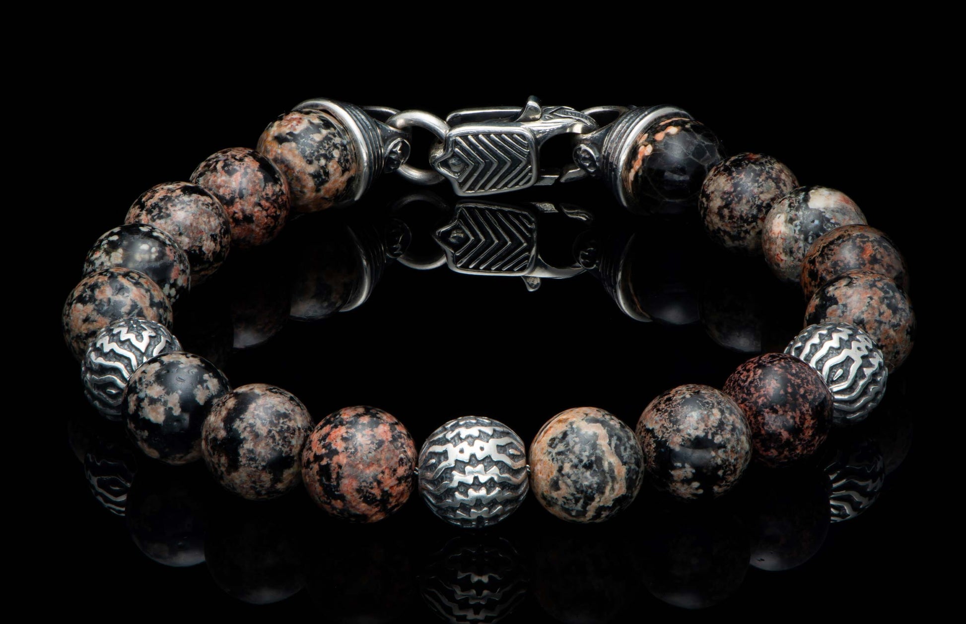 The Seaside Red Obsidian Beaded Bracelet with Sculpted Sterling Silver 