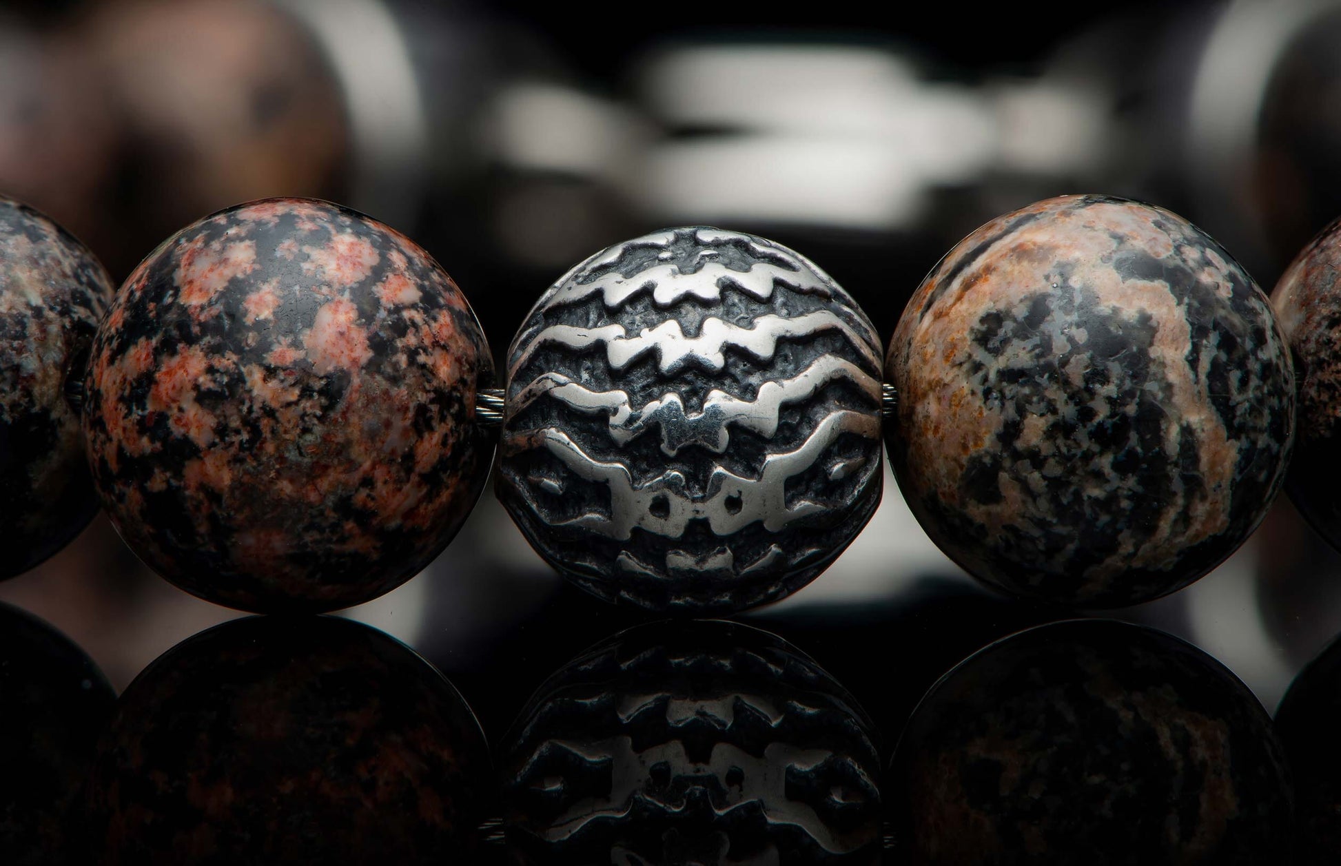 The Seaside Red Obsidian Beaded Bracelet with Sculpted Sterling Silver 
