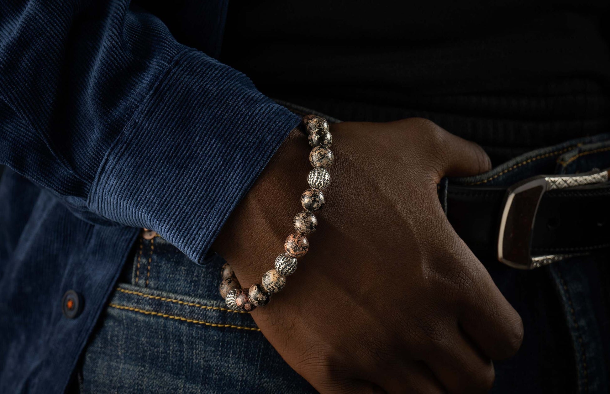 The Seaside Red Obsidian Beaded Bracelet with Sculpted Sterling Silver 