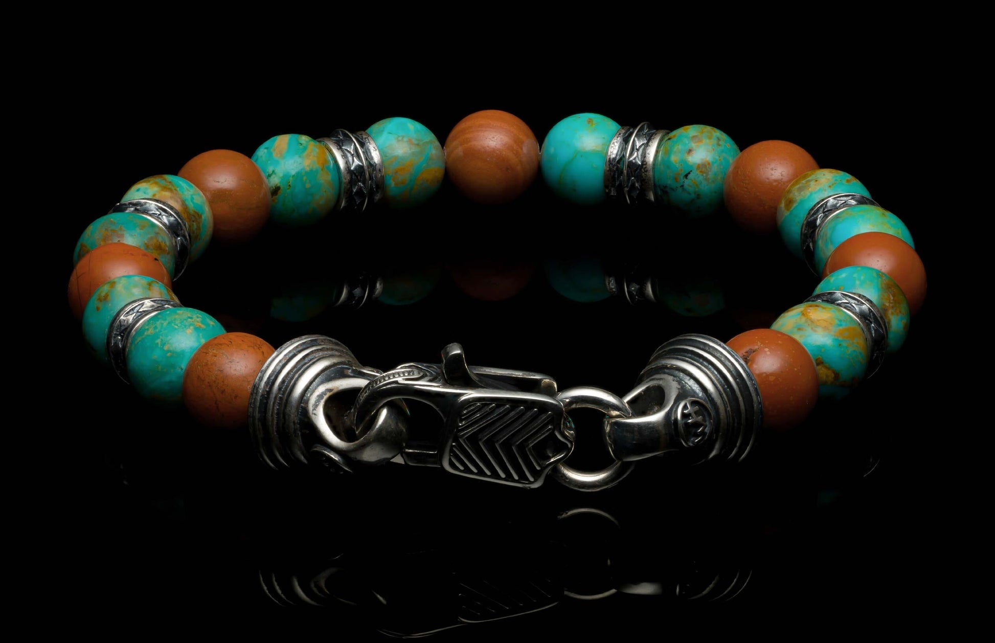Handcrafted William Henry men's bracelet Kingman features turquoise with deep red jasper beads