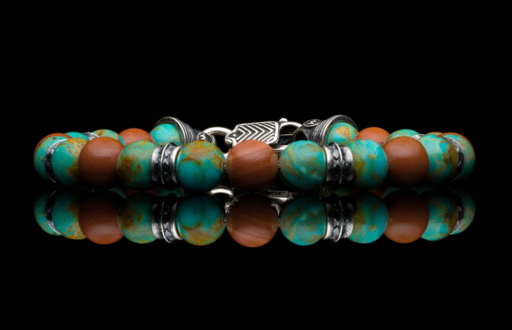 Handcrafted William Henry men's bracelet Kingman features turquoise with deep red jasper beads
