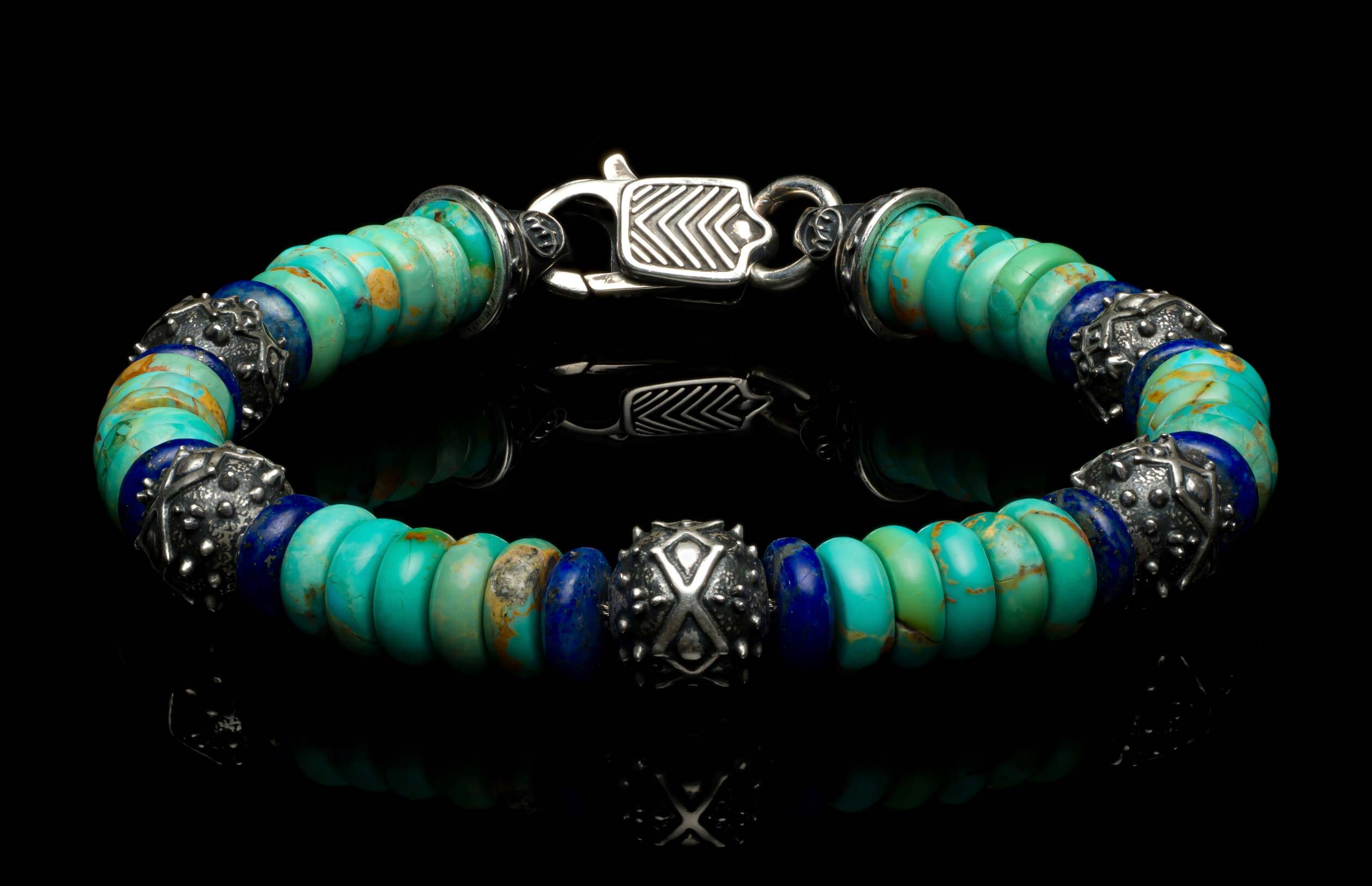 Handcrafted William Henry men's bracelet with  Kingman turquoise and lapis lazuli rondelle beads, accented with sculpted sterling silver and a custom clasp