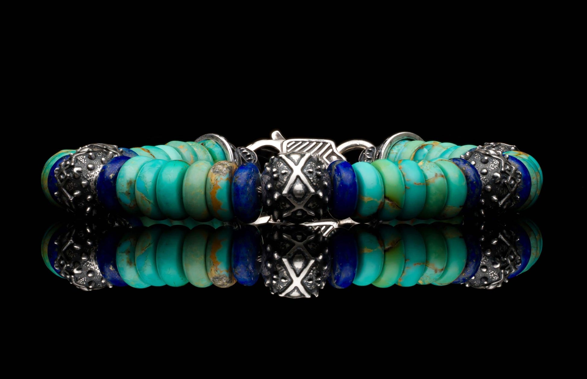 Handcrafted William Henry men's bracelet with  Kingman turquoise and lapis lazuli rondelle beads