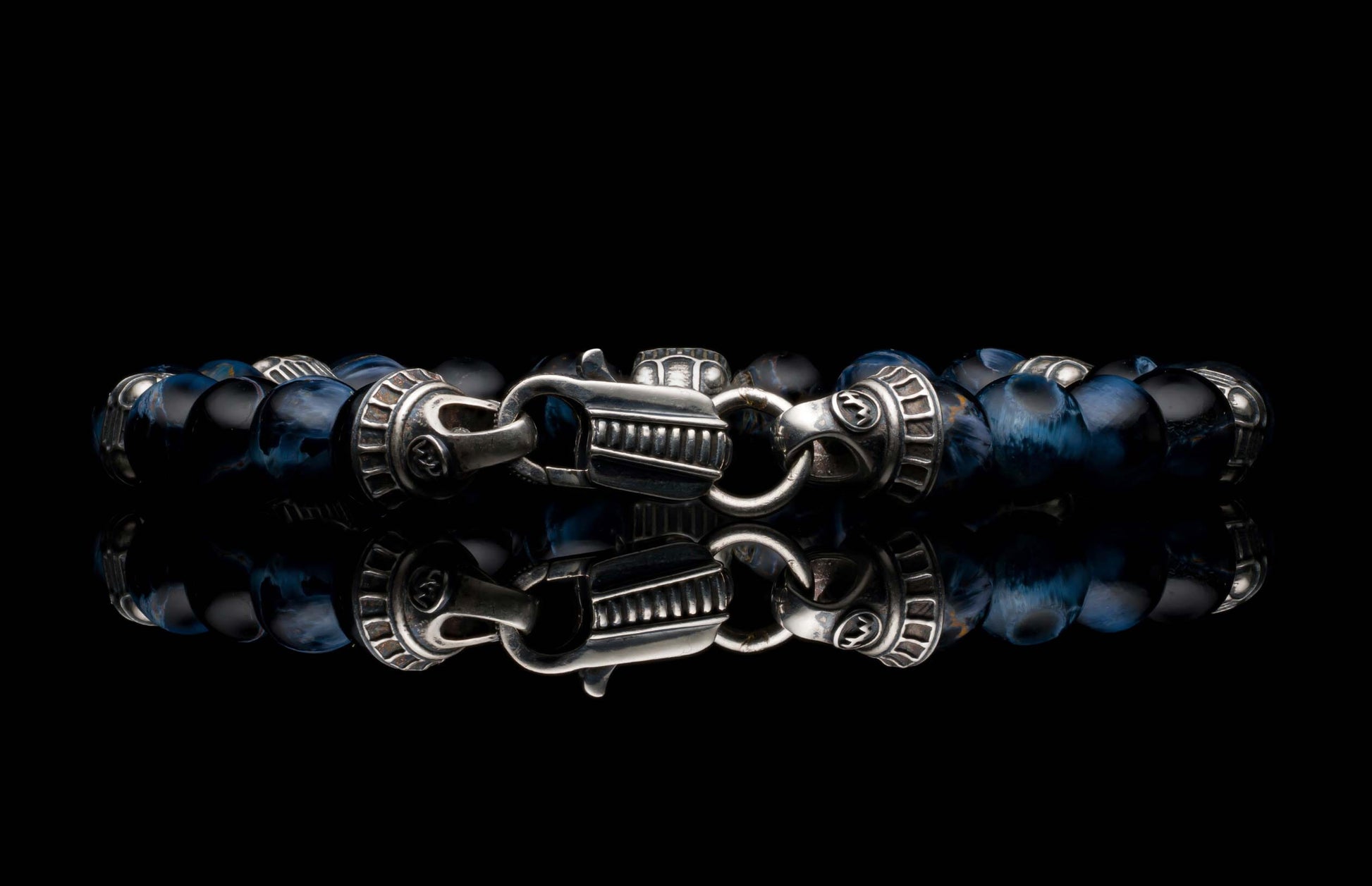 Handcrafted William Henry men's bracelet with Pietersite beads and quilted sterling silver cubes