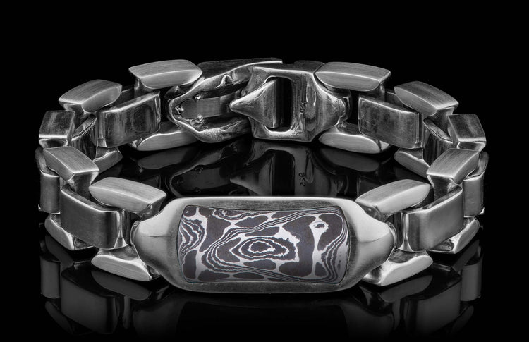 The Damascus Identity Sterling Silver Bracelet with Hand-Forged Damascus
