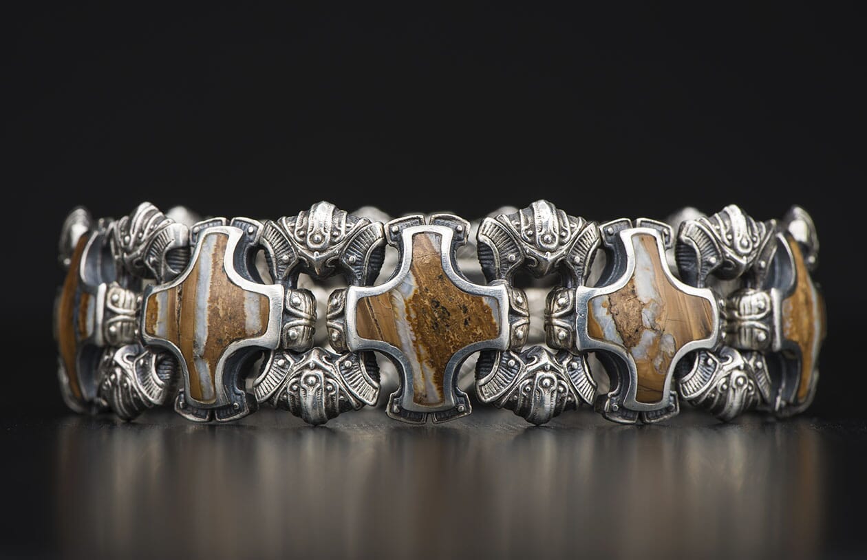 Sterling silver bracelet, inlaid with 10,000 year old fossil