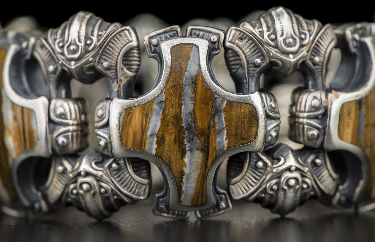 Sterling silver bracelet, inlaid with 10,000 year old fossil