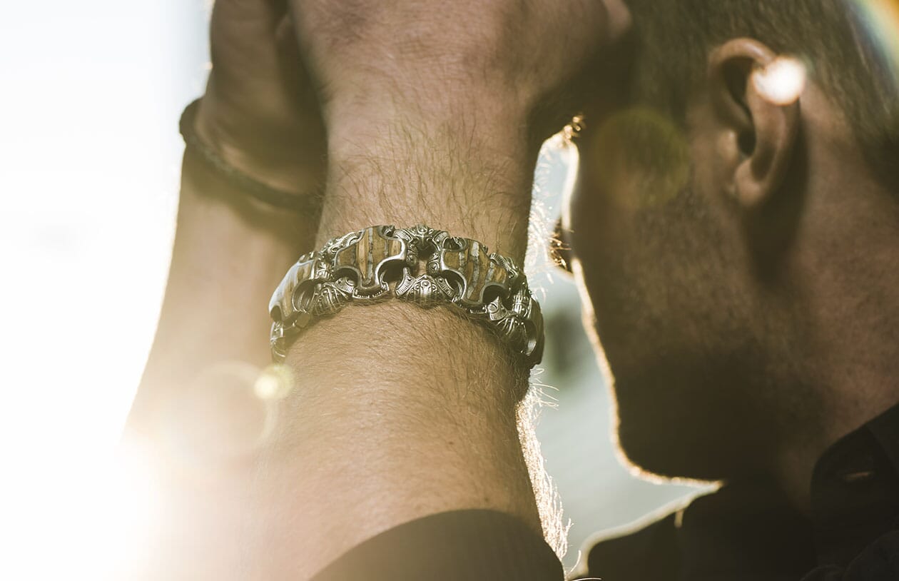 Sterling silver bracelet, inlaid with 10,000 year old fossil