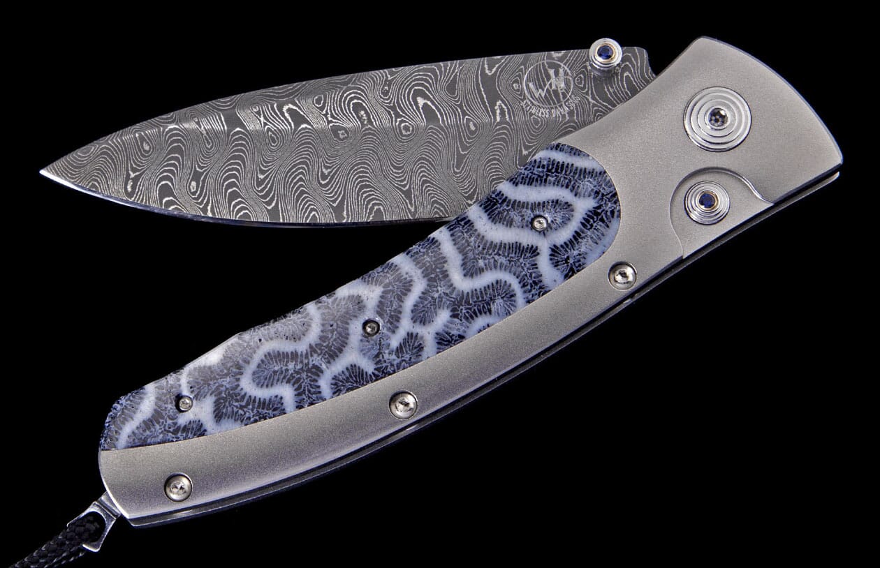 Rogue Marlin Damascus Pocket Knife with Inlaid Fossil Coral