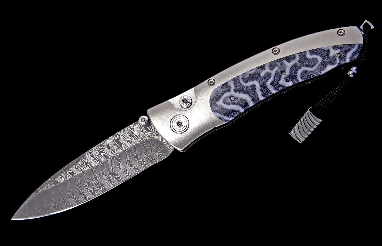 Rogue Marlin Damascus Pocket Knife with Inlaid Fossil Coral
